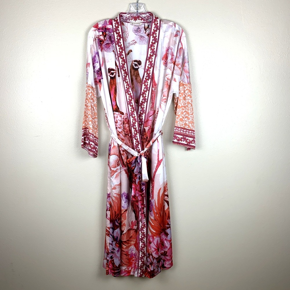 Soft Surroundings Faye Kimono Robe Size S Silk Blend Peacock Floral Lounge Asian